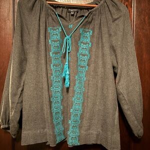 Gray Flannel Blouse with Teal Embroidery by Fragonard